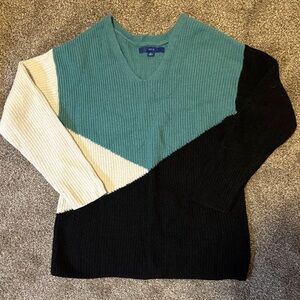 Colorblock V-Neck Sweater - Teal, Cream, and Black